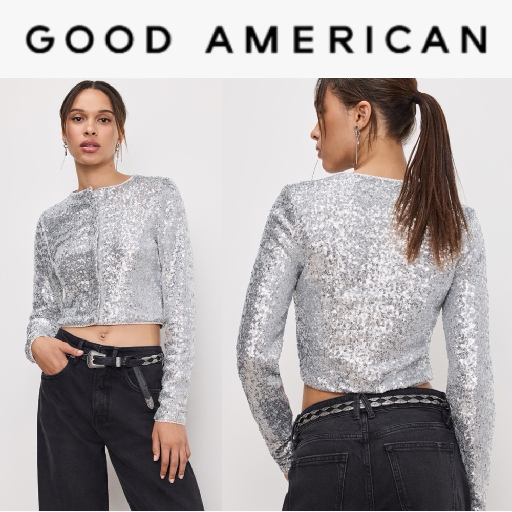 GOOD AMERICAN SILVER SEQUIN EMBELLISHED CROPPED CARDIGAN JACKET **NWT**